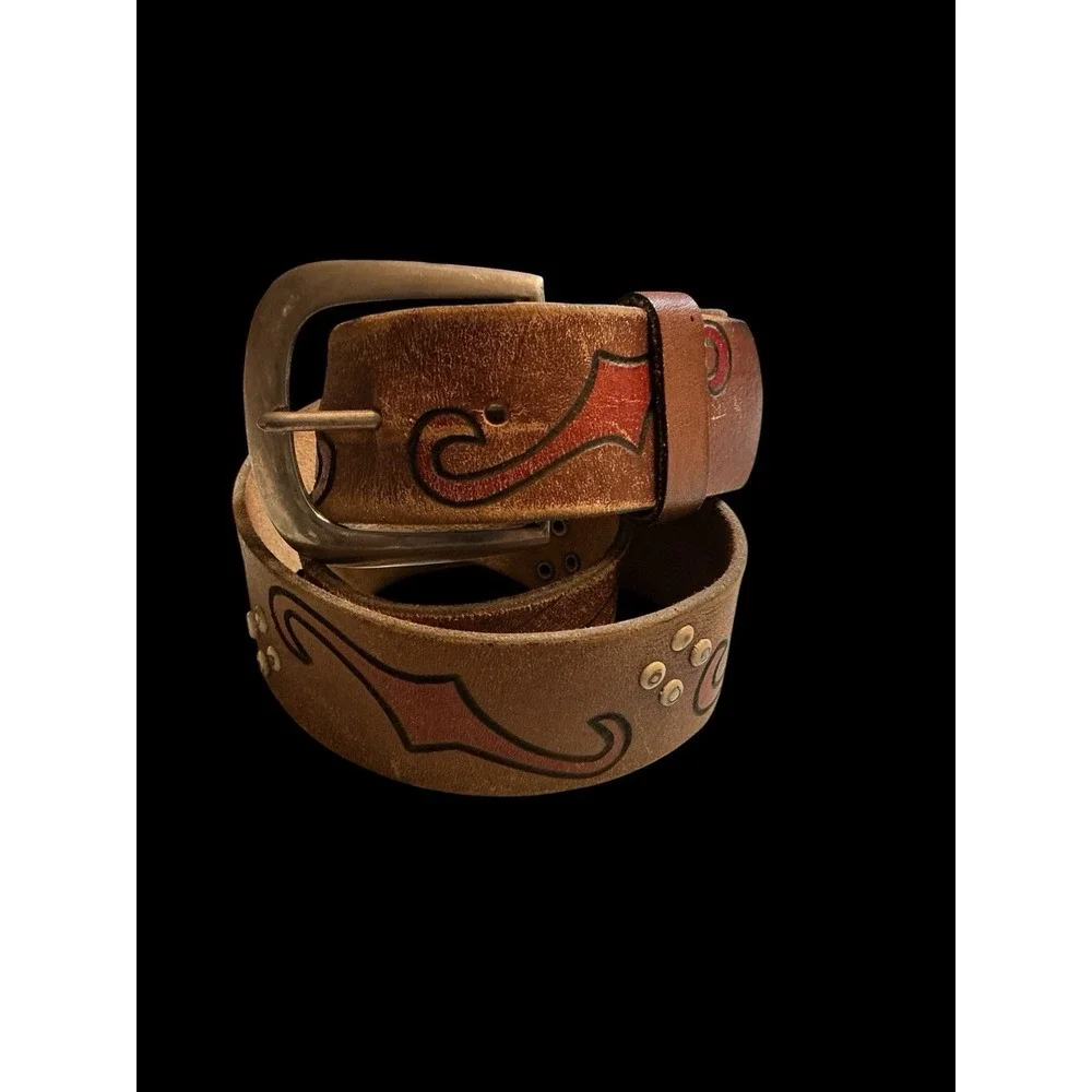 VINTAGE Boho Distressed hand tooled/painted leather belt Silver Tone Buckle